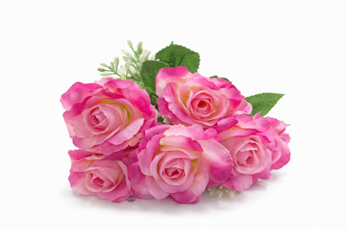 Buchet 7 trandafiri artificiali roz si crem cu frunze si boboci decorativi 30cm [3]