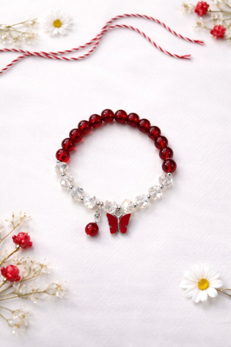 Set 12 bratari martisor cu margele cristal alb rosu si fluturas rosu 23x15 cm [3]