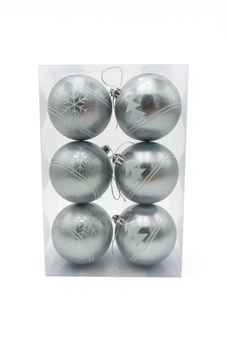 Set 6 globuri argintii texturate cu sclipici – ornamente elegante pentru bradul de Craciun, 23x15.5x7.5cm [1]