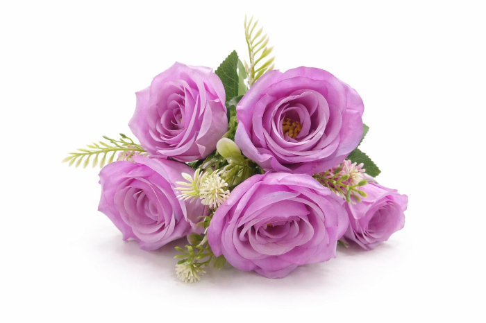 Buchet 5 trandafiri artificiali lila cu frunze si boboci decorativi 30cm [3]