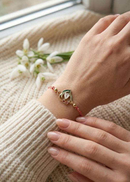 Set 12 bratari martisor cu ghiocel stilizat, snur rosu alb, ambalate individual [3]