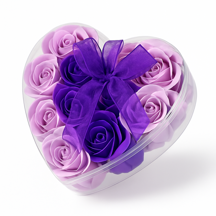 Cutie Inima cu 18 Trandafiri din Sapun Lila si Mov, Cadou Romantic Luxury 15x15 cm [2]