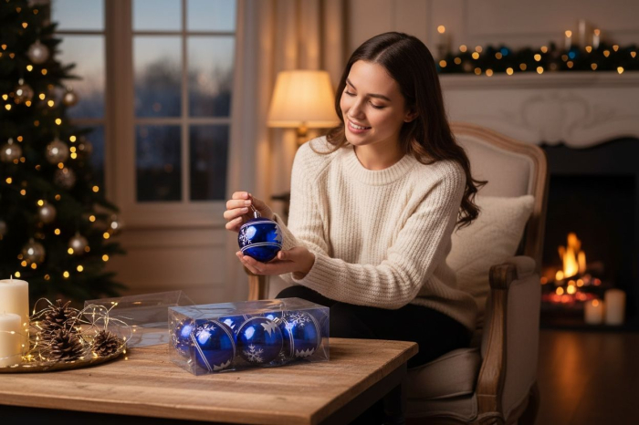 Set 6 globuri albastre lucioase cu model argintiu – ornamente pentru bradul de Craciun, 23x15.5x7.5cm [3]