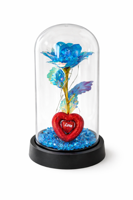 Cupola plastic cu trandafir albastru si inima Love LED, decor luminos, 20 cm, cutie cadou [2]