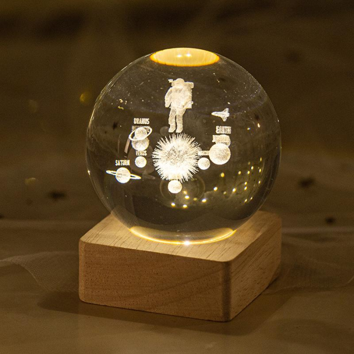 Glob Cristal 3D Sistem Solar cu Astronaut, LED si Baza Lemn, Decor Premium, 8 cm [2]