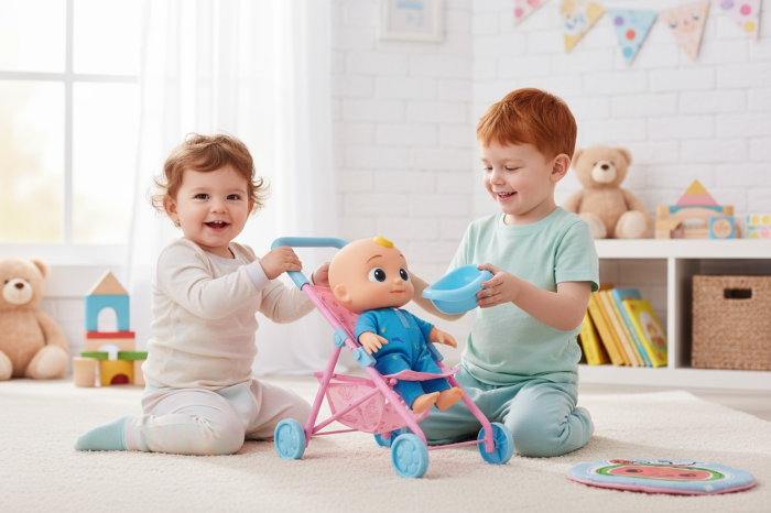 Set Jucarie CoComelon – Papusa JJ in Pijamale Albastre cu Carucior si Olita, 38x23 cm, 3+ [2]