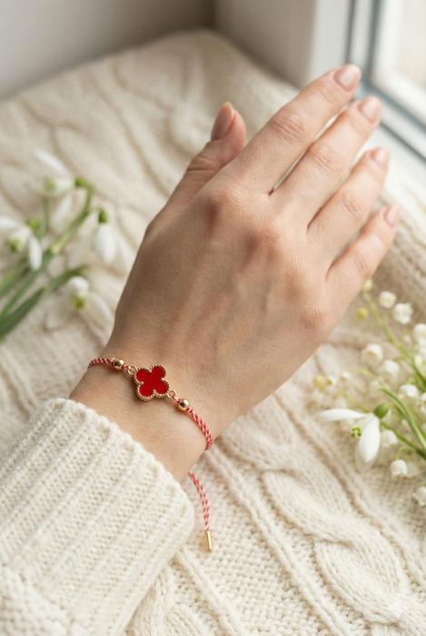 Set 12 bratari martisor cu simbol trifoi rosu, snur rosu alb, ambalate individual [3]