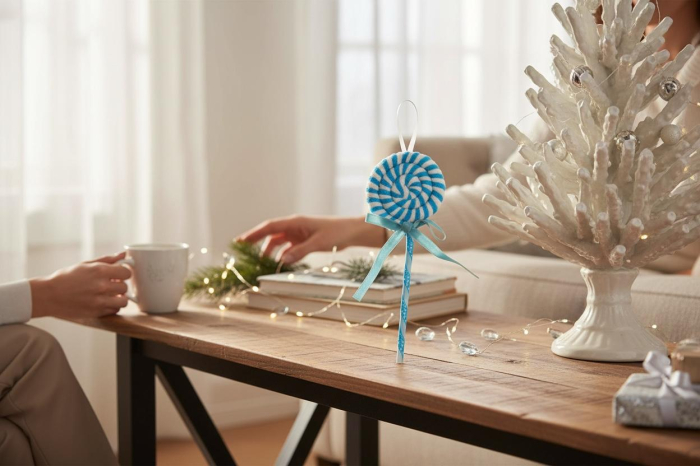 Set 12 decoratiuni acadea albastra pentru brad, 23 cm, model candy Craciun [2]