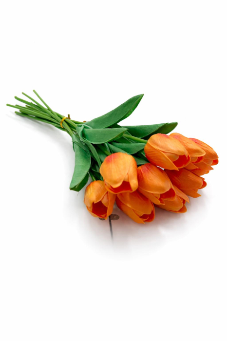 Set 10 lalele artificiale portocaliu intens soft touch, fir individual, 33cm [3]