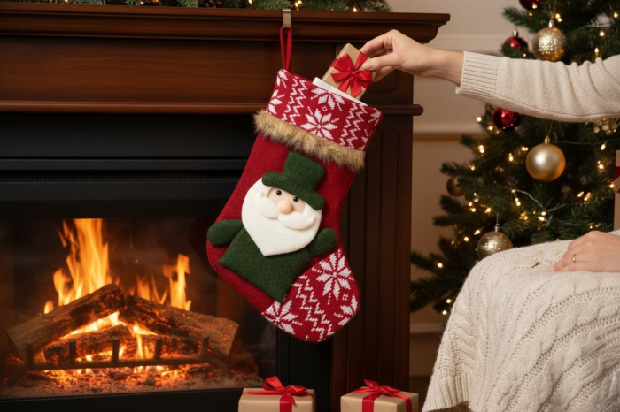 Soseta cadouri Mos Nicolae cu design Mos Craciun verde – model textil rosu, decorativa, 30x25cm [2]