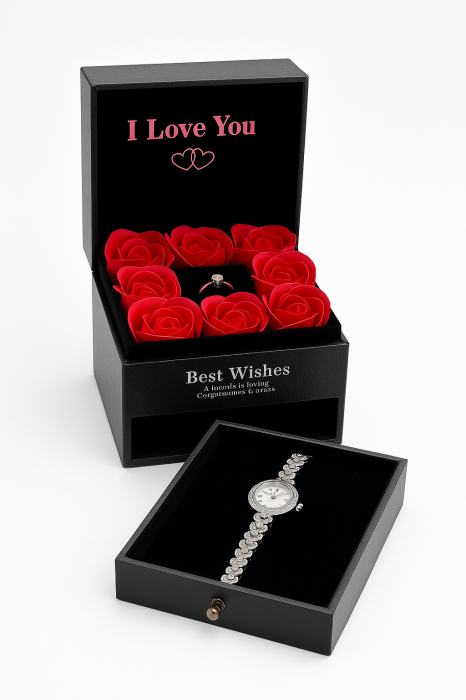 Set Cadou Luxury cu 8 Trandafiri din Sapun, Inel Reglabil si Ceas in Cutie cu Sertar [1]