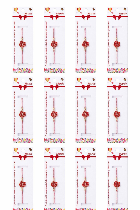Set 12 bratari martisor cu trandafir rosu si pietricica alba, snur rosu alb, ambalate individual [5]