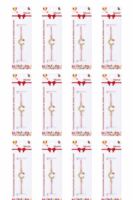 Set 12 bratari martisor cu potcoava stilizata cu strasuri si buburuza, snur rosu alb [5]