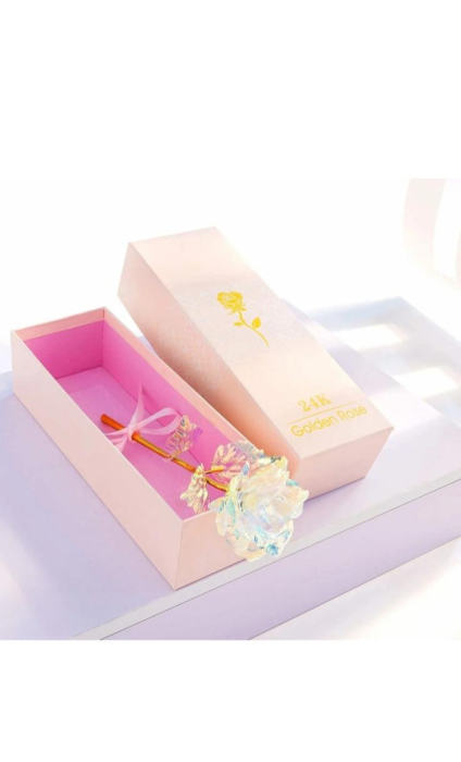 Trandafir auriu cu floare alba irizata, cutie si punga cadou incluse [3]