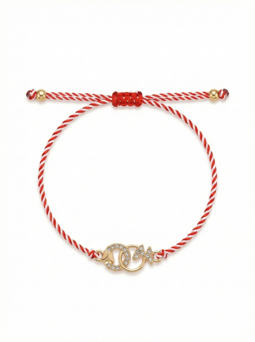 Set 12 bratari martisor cerculete aurii cu strasuri si fluturi, snur alb rosu, 20x11cm [2]