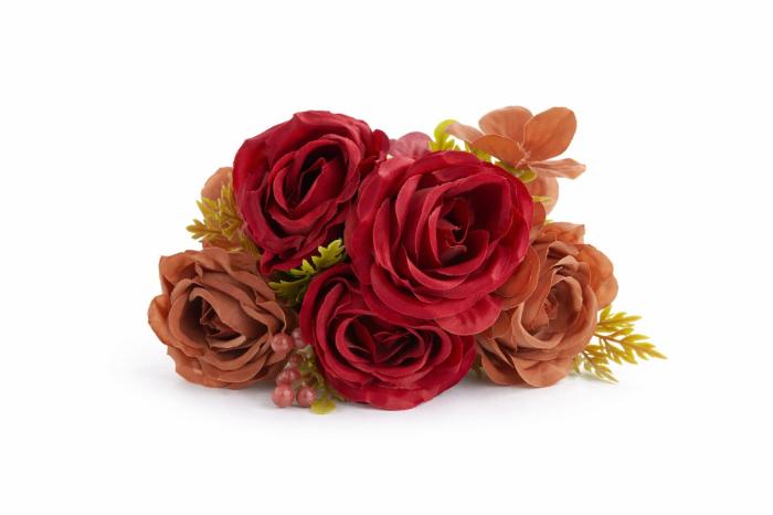 Buchet artificial 5 trandafiri si camelie aramiu cu maro, boboci decorativi, 30cm [2]