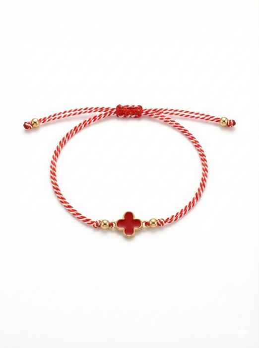 Set 12 Bratari Martisor Trifoi Rosu Auriu, Snur Alb-Rosu Reglabil, 20x11 cm [2]