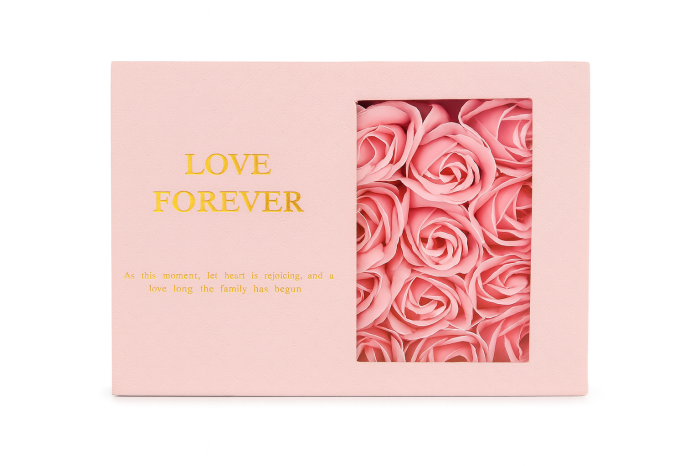 Cutie cadou cu 12 trandafiri artificiali si colier, design Love Forever, roz, 18 x 13 x 5 cm [2]