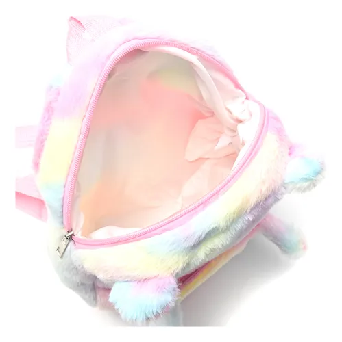 Rucsac Pufos Copii Pastel Curcubeu, Model Ursulet, 32 cm, Material Moale si Urechile 3D [3]