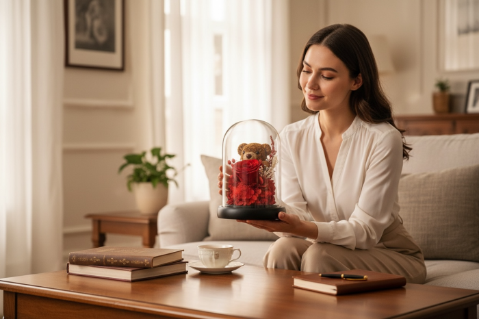 Trandafir Criogenat Rosu in Cupola Sticla 19x11 cm cu Baza Lemn Cadou Premium [3]