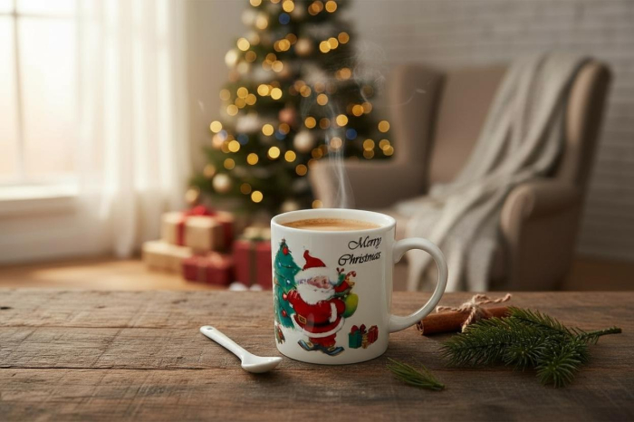 Set Cana Ceramica cu Lingurita, Tematica de Craciun, în Cutie Cadou – 14x14x8.5cm [2]