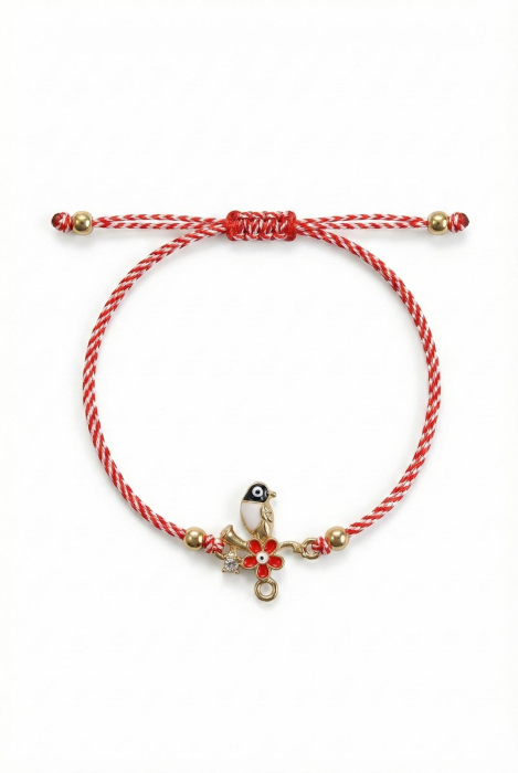 Set 12 bratari martisor cu pasare stilizata si floare, snur rosu alb, ambalate individual [2]