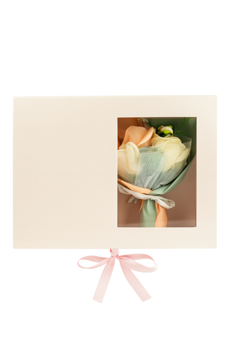 Set cadou premium crem 25x19x9.5 cm cu flori decorative si difuzor parfum, cutie eleganta + punga [3]