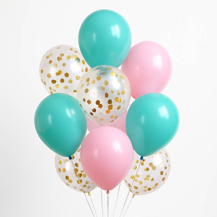 Set baloane latex 9 buc, 30 cm, multicolor cu confetti, accesorii incluse [1]