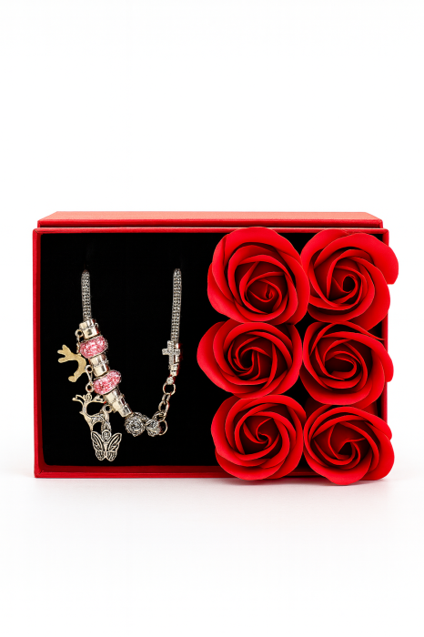 Set cadou cu 6 trandafiri din sapun si bratara, cutie eleganta cu capac transparent, 14x9x5 cm [3]