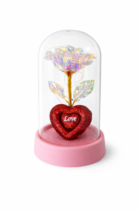 CUPOLA CU TRANDAFIR Royal Love Pink, Inima Decorativa, LED Cald, Cadou Indragostiti [2]