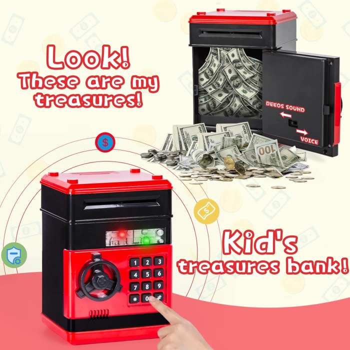 Seif Electronic pentru Copii cu Cod, Lumini si Muzica – Cutie de Economii Rosu cu Negru 19x14 cm [2]