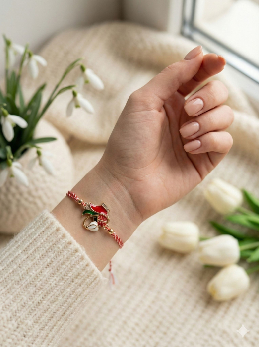 Set 12 bratari martisor cu vaza rosie, ghiocel si buburuza, snur reglabil rosu-alb [3]