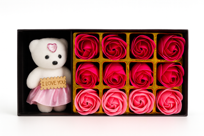 Set Cadou Ursulet I Love You cu 12 Trandafiri din Sapun Roz, Cutie Premium, 22X11X5CM [1]