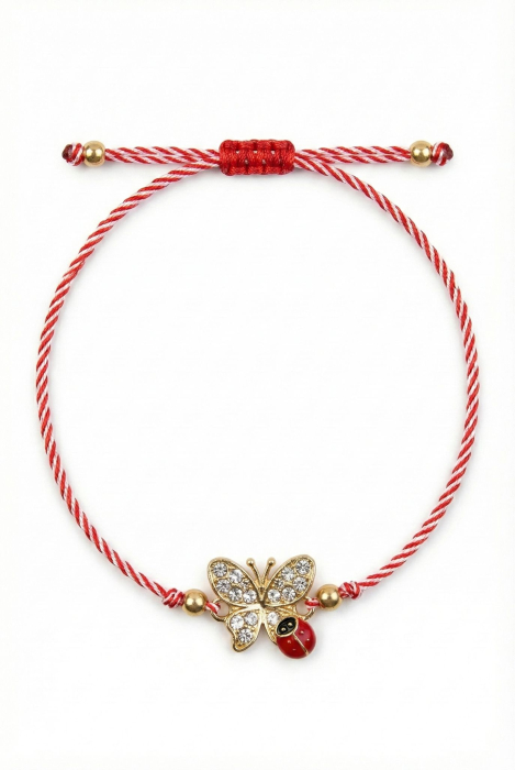 Set 12 bratari martisor cu fluture si buburuza, snur rosu alb, ambalate individual [2]