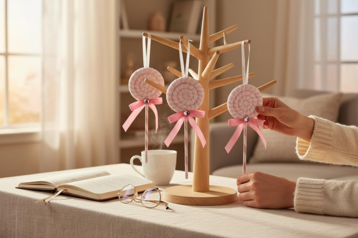 Set 12 decoratiuni acadea roz pentru brad, 23 cm, model candy decor Craciun [2]