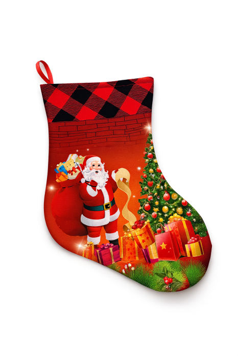 Ciorap Craciun Rosu cu Mos Craciun, Cadouri si Brad – Decor Sarbatori [1]