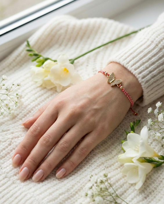 Set 12 bratari martisor fluturas auriu cu strasuri, snur reglabil, 20x11cm [3]