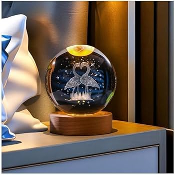 Glob Cristal 3D cu Pasari inima, LED si Baza Lemn, Decor Romantic 6 cm [2]