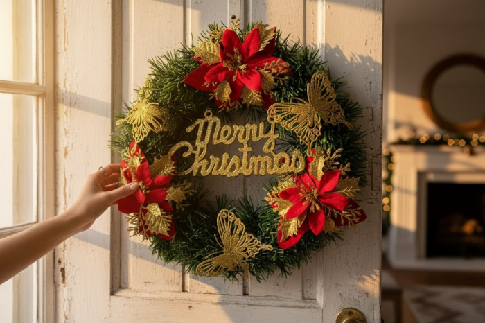 Corona Craciun Decorativa cu Flori si Fluturi Merry Christmas, 30cm [3]