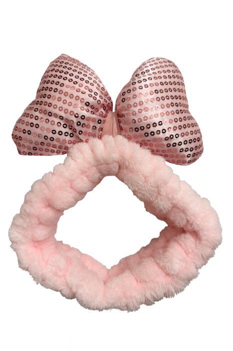 Bentita pufoasa pentru fata cu funda mare roz, elastica, ideala skincare si machiaj [2]