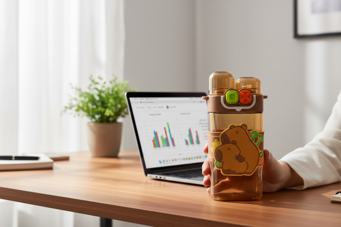 Sticla Apa Copii 600ml cu Bretea si Capac Dublu – Model Ursulet, Maro [2]