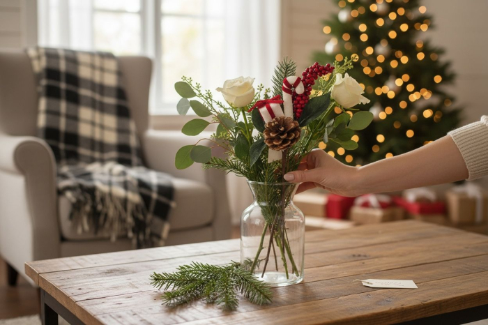 Crenguta decorativa Craciun cu con, fructe rosii si cadouri mini 28cm [3]