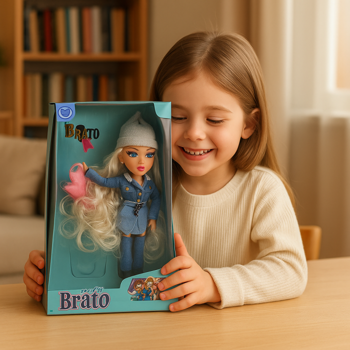 Papusa Brato Fashion cu tinuta denim, par lung ondulat si accesorii, 29,5x22,5 cm, jucarie fete 3+ ani [2]