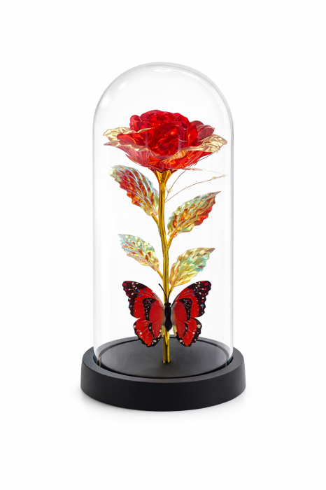 Cupola decorativa cu floare artificiala LED si fluture, baterii neincluse, 20 x 10 cm [2]