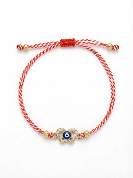 Set 12 bratari martisor fluture auriu cu strasuri si ochisor, snur alb rosu, 20x11cm [2]