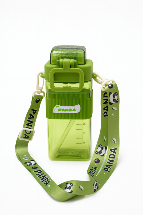 Sticla Apa Copii cu Bretea – Model Panda, Verde, Inchidere Sigura [1]
