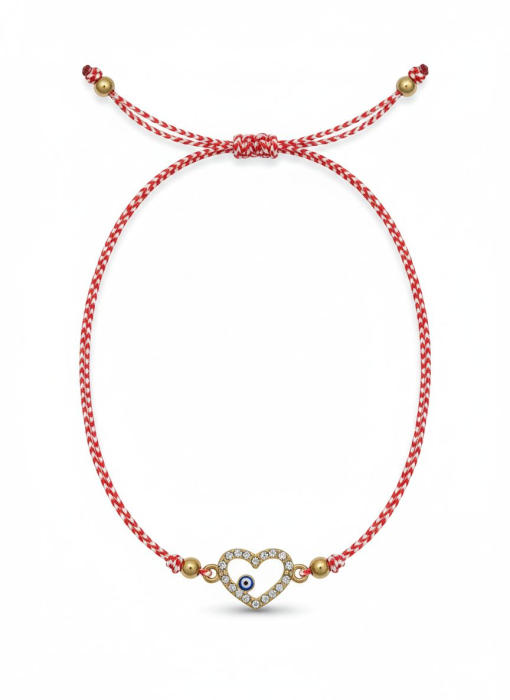 Set 12 bratari martisor inima aurie cu strasuri si ochisor, snur alb rosu, 20x11cm [2]
