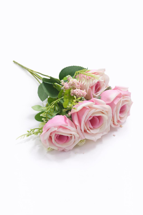 Buchet 5 trandafiri artificiali roz pal in nuante crem cu frunze decorative 30cm [3]