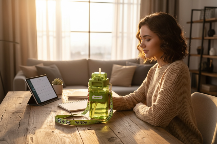 Sticla Apa Copii cu Bretea – Model Panda, Verde, Inchidere Sigura [2]