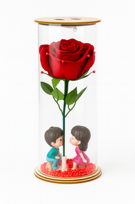 Cupola Sticla 20x8 cm cu Trandafir Artificial si Luminite LED, Decor Romantic [1]